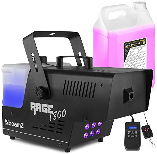 BeamZ RAGE1800LED Máquina de Humo con Efecto de Luz, 1800 Watt, LEDs RGBW, Incluye 5 Litros de Líquido de Humo, Máquina de Niebla con Control Remoto por Radio, Temporizador DMX, Disco, Bodas, Eventos