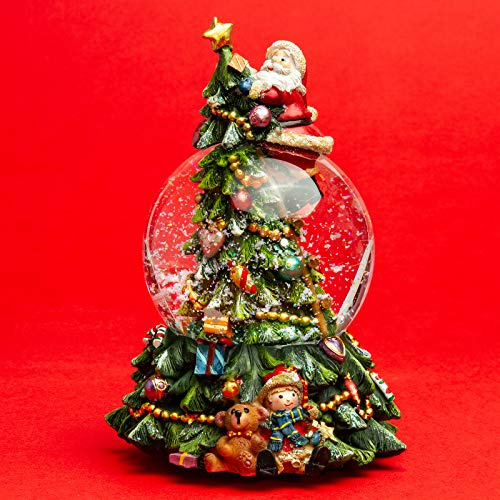 SIKORA SK17 Große Glas Deko Schneekugel Weihnachtsmann auf dem Weihnachtsbaum D:100mm mit aufziehbarer Spieldose