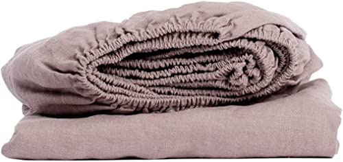 My Linen Home Spannbettlaken aus 100% Stonewashed Leinen Dusty Rose, 140x200cm I Kontinuierlich elastischer Saum I Temperaturregulierend und Atmungsaktiv I Sanft, weich selbst zur empfindlichsten Haut