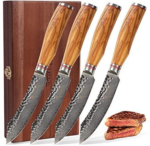 Wakoli Olive HS Damast Steakmesser-Set 4-teilig | 12,5 cm Klinge aus 67 Lagen Damaststahl mit VG10-Kern | Ergonomische Olivenholzgriffe | für Steak & Fleisch | in Holzbox für Hobby- & Profiköche