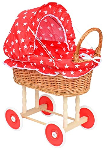YULKA Korbpuppenwagen Puppenwagen Korb aus Naturweide, handgeflochten, 45x28x50cm