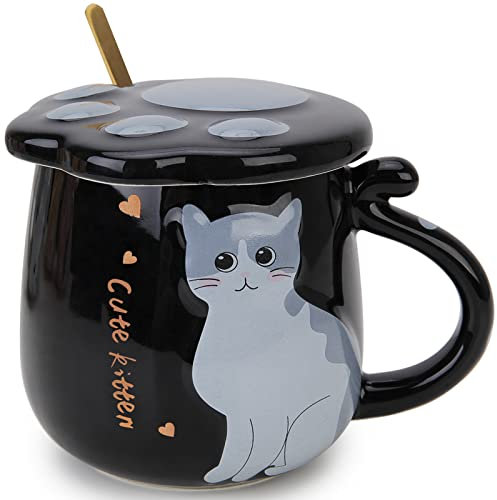 Cat Coffee Mug, Kitchenexus Cute Ceramic Tea Cup with Lid & Stainless Steal Spoon, Novelty Coffee Cup Tea Milk Mug Great for Cat Lovers Women Girls 420ML (Black), Suitable for Microwave & Dishwasher