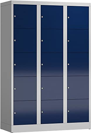 Lüllmann XL Schließfachschrank Fächerschrank 15 Fächer, 1800 x 1200 x 500 mm (RAL 7035/5010 lichtgrau/enzianblau)