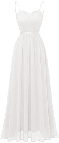 DRESSTELLS Robe de Soirée Longue Femme avec Bretelles Réglables et Dentelle Florale, Robe de Demoiselle d'honneur Élégante et Confortable pour Mariage, Bal et Autres Occasions Blanc 3XL