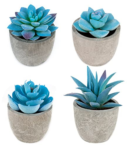 LUZOGA 4 Pack Blue Fake Succulent Plants in Pots, Mini Potted Artificial Succulents for Home Office Shelf Decor, Small Faux Succulents for Bathroom Bedroom Kitchen Desk Decorations