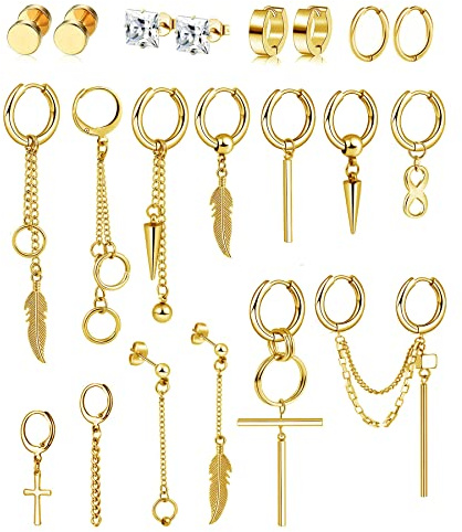 21 Piezas Pendientes Hombre Acero Inoxidable Pendiente Kpop Pendientes Punk Pendientes Colgantes Cruz Plumas Aros Pendientes Dorado