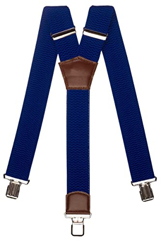 Olata Extra Breite Herren Hosenträger Y-Form mit Braun Leder – 5 cm. Königsblau
