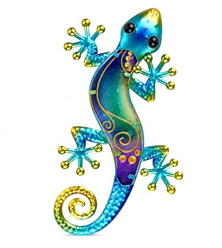 Dexlyn Metall Gecko Gartendeko, Wanddeko Garten 20x40cm Blau | Wetterfeste Balkondeko: Rostfreie Eidechse Skulptur für draußen. 3D Wanddeko, ideal für Terrasse, Zaun & Geschenk