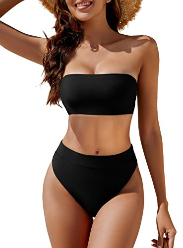 YACUN Women's High Waisted Bikini Swimsuit Two Piece Strapless Bandeau Cheeky Bathing Suits Black S