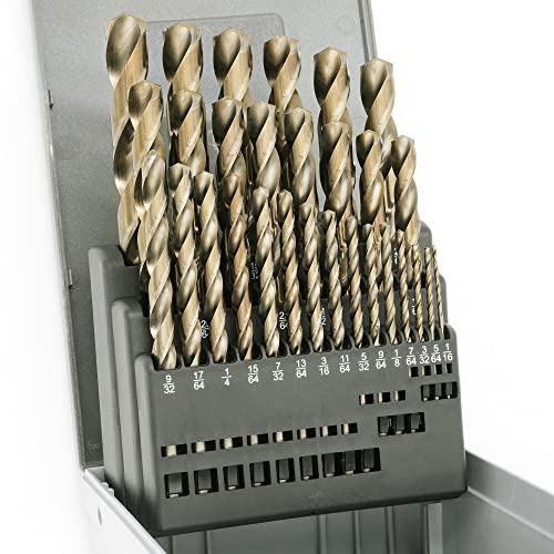 YyDDs Kobalt-Bohrer-Set 29-teilig, M35-Schnellarbeitsstahl-Metallbohrer-Set, Spiralbohrer-Bohrer-Set für gehärtetes Metall, Edelstahl, Holz, Gusseisen, Holz mit indexiertem Rosengehäuse, 1/16-1/2