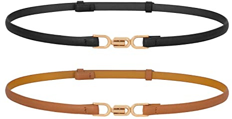 WERFORU 2 Pack Women Skinny Leather Belt Adjustable Thin Waist Belts with Alloy Buckle for Blouse Dresses Black/Brown