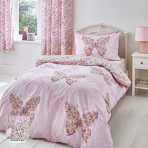 Catherine Lansfield Enchanted Butterfly - Set copripiumino singolo reversibile con federa, colore: rosa