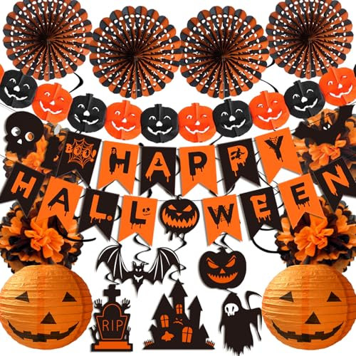 Syoulin Set decorazioni Halloween arancione e nero per interni ed esterni, con ventagli di carta, spirale da appendere, ghirlanda di zucche, striscione e lanterna