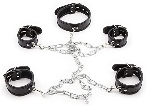 Pu Leder & Metall Sklave Sm Bondage Set Handgelenk Hand & Knöchel Manschetten Handschellen Fußschellen Halsband Kragen Fesseln Kit Fetisch Sexspielzeug für Damen & Männer,Schwarz,einstellbar