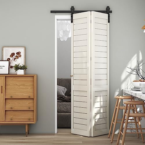 TSMST 200cm/6.6ft Bi-Falte Schiebetürsystem Komplett-Set, Platzsparende Scheunentür Spur Set für 2 Türen,Grundlegender Stil, Glatt und Ruhig (keine Tür)