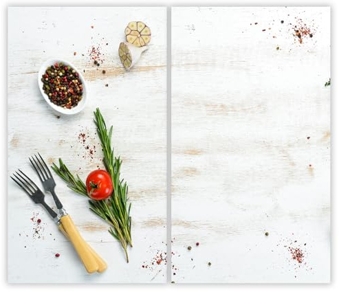 SMTDeco Herdabdeckplatte 2×30×52 cm – ESG gehärtetes Glas, kratzfest & rutschfest – Spritzschutz & Schneidebrett – für Induktion/Ceranfeld – 2-teilig, Motiv Gabeln Kräuter Weiss