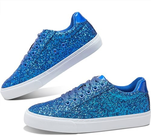 Jeekopeg Glitter Sparkly Fashion Sneakers Shiny Casual Shoes Bling Sequin Concert Low Cut Lace up Shoes(Royal Blue Glitter,5.5Women/4.5 Men)