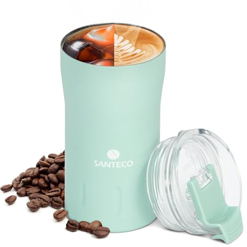 SANTECO Thermobecher- Isolierbecher, Edelstahl Travel Mug, 350ml & 500ml Vakuum auslaufsicher Reisebecher mit Deckel, Autobecher (Weiß, 350, Milliliter) (Dunkelgrün)