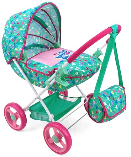 Baby Alive: Deluxe Classic Doll Pram - Green, Pink, Hearts - Accessory for Dolls Up to 18, Matching Shoulder Bag, Foldable, Storage, Kids Toy, Age 3+