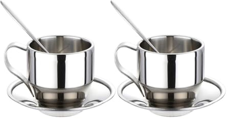 Netoches Stainless Steel Double Walled Espresso Cups Latte Cappuccino Tea Cup with Saucer and Spoon 125Ml, Insulated Coffee Cup Set for Cappuccino Latte Milk, Wedding Valentine's Gift(Set of 2)