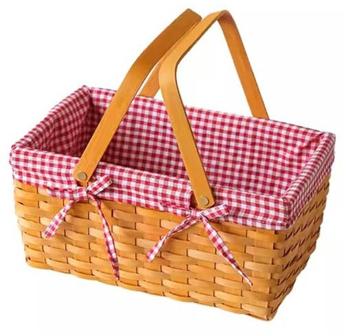 BRDECOR Handgeflochtener Picknickkorb aus Holz, Gewebter Korb mit 2 Schaukelgriffen und Stofffutter, Leerer Großer Korb für Picknick, Outdoor, Camping, Familie, Party, Shopping, Hochzeitsgeschenke