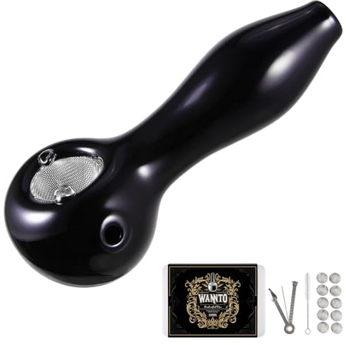 LIVBTS Pipa de cristal hecha a mano, cuenco cónico resistente al calor, sin olor, incluye 10 filtros, caja de almacenamiento, cepillo de limpieza y juego de limpiador de raspador de tuberías (negro)