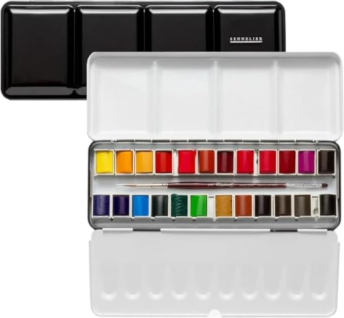 Sennelier Boîte de Peinture Aquarelle Extra-Fines, 24 Demi-Godets avec 1 Pinceau et 2 carte. Boîte en métal