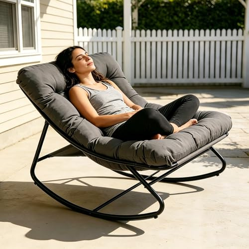 T-ZBDZ Schaukelstuhl Outdoor mit Kissen & Hocker, Schaukelsessel Wetterfester Relaxstuhl aus Metall für Garten, Schaukelliege Lounge Sessel Relaxsessel Gartenstuhl, bis 150kg (Grau)