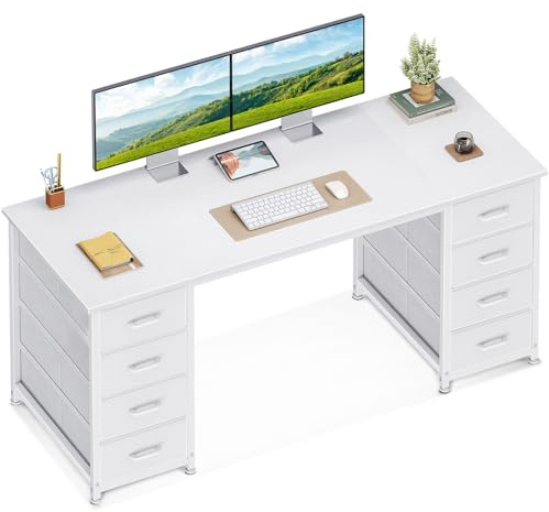Coleshome Scrivania con 8 Cassetti in Tessuto, 140x48cm Scrivania per Computer, Scrivania Salvaspazio Tavolo Ufficio per Studio, Camera da Letto, Bianco
