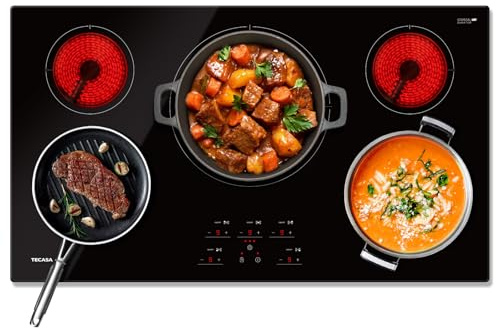 36 Inch Electric Cooktop, TECASA 9000W Radiant Electric Hob with 5 Burners, 240V Built-in Sensor Touch Control Stove Top with Child Safety Lock & Timer, 9 Heating Levels, Hard Wire (No Plug)