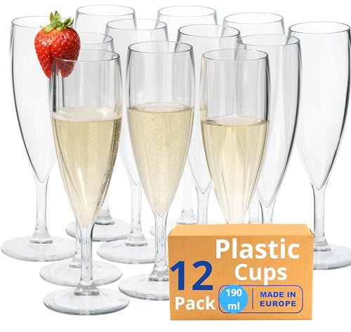 Flute Champagne Plastique Dur Incassable Gobelets Réutilisables| Sans BPA - Aspect verre 19cl | Fabriqués en U.E | Lot de 12