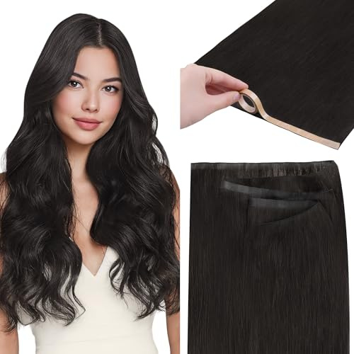GOO GOO Tape in Weft Extensions Echthaar, Genius PU Long Weft Extensions Echthaar, Seidig, einfach zu verwenden, 45cm 50g, 1B Schwarz | Invisible PU Weft Echthaar Extensions, Remy Haarverlängerung, Seidig Glatt, einfach zu verwenden, #1B/19/1B