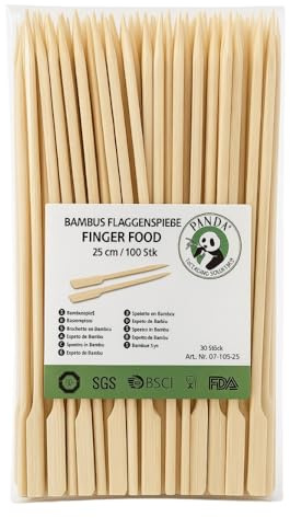 Commerline 100 stycken fingermat, 25 cm träspett av bambu, cocktailspett för minihamburgare och smörgås, bambuspett för mellanmål och marshmallow, kebabspett trä