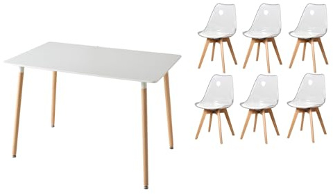 JZGORC Juego de Mesa y Sillas de Comedor para Cocina con 6 Sillas, Mesa Rectangular de Madera, Sillas Nórdicas Modernas Rransparentes, para Comedor, Cocina y Sala de Estar (Blanco + Blanco)