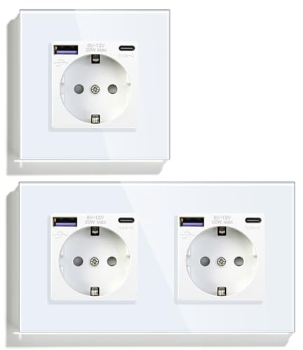 BSEED Schuko USB C 20W Pack, 1 x 1 Gang Enchufe + 1 x 2 Gang Enchufe, Toma de Corriente USB Tipo C con Panel de Vidrio, Toma de Corriente Empotrable para Teléfono, Tablet, MP3, Blanco