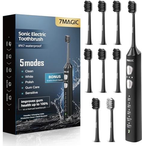 7MAGIC Sonic Electric Toothbrush for Adults and Kids - Up to 180 Days Runtime, 42000 VPM Powered Toothbrush, 5 Modes & 3 Intensities for Sensitive Teeth & Braces, Includes 8 Brush Heads, Black