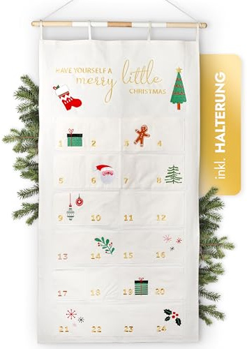 AMARI Calendario de Adviento para rellenar, color blanco/dorado, calendario de pared XXL (70 x 130 cm) con 24 compartimentos para manualidades para Navidad, calendario de Adviento para colgar, tela