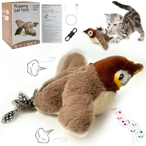 PICKONA Flappy Bird Cat Toy Interactive Chirping Bird Toy for Cat Rechargeable Automatic Wing Motion Catnip Toy Realistic Sparrow Toy for Indoor Cats Kittens Exercise and Fun