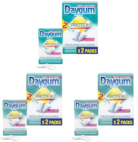 Daygum Protex Chewing Gum, Gomme da Masticare Senza Zucchero, Gusto Menta, con Fluoro, Calcio e Xilitolo, Confenzione da 2 Astucci (Confezione da 3)