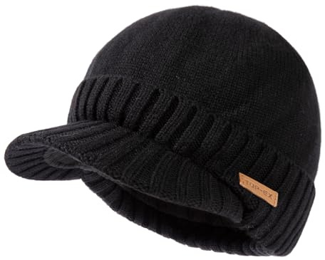 TOP-EX Herren mütze Merino Wollmütze Damen Beanie mit Schirm Wintermütze Warm Strickmütze mit Fleecefutter hat Wasserdicht Winddicht Wolle hat Fahrrad Ski Outdoor große Köpfe XL/XXL schwarz
