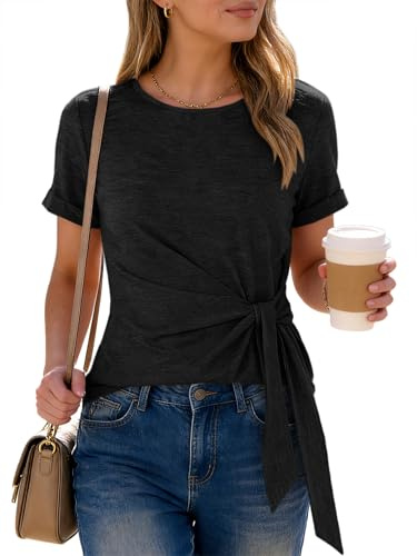 ANRABESS Women Short Sleeve Tops Summer Casual Tie Waist T-Shirts Black | Business Work Crewneck Tee Shirts, Business Dressy Casual, Work & Daily Wear, Spring Going Out Clothes