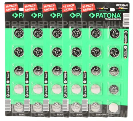 PATONA Premium CR2032 - Batteria al litio 3 V, 240 mAh, confezione da 50 (5 × 10 blister) – Pile a bottone per orologi, chiavi auto, telecomandi, giocattoli, fitness tracker per bicicletta