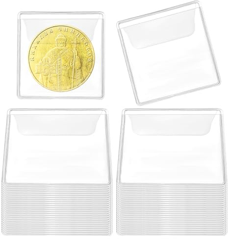 50 custodie per monete con tasca singola, 6,1 x 6,1 cm, trasparenti, in plastica, per monete, monete, collezionisti