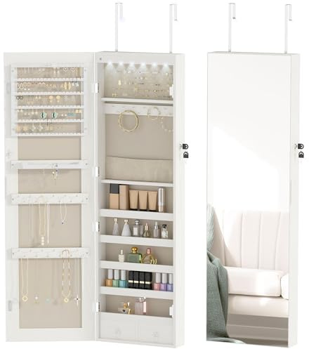 HOMCOM Espejo Joyero con 6 Luces LED, Armario Joyero Montado en la Pared o en la Puerta, Armario para Joyas con Cerradura, Espejo Entero sin Marco, Blanco