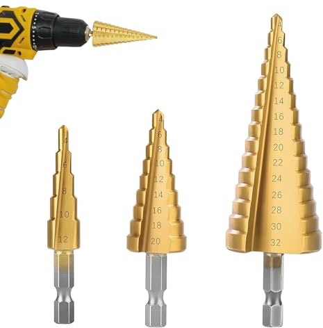 3Pcs Step Drill Bit Set, Step Drill Bit for Metal, Cone Drill Bit, Stepped Drill Bit for Multi-Material Drilling, Log Splitter Drill Bit, 4mm to 12/20/32mm (5/32 to 5/4), Gold