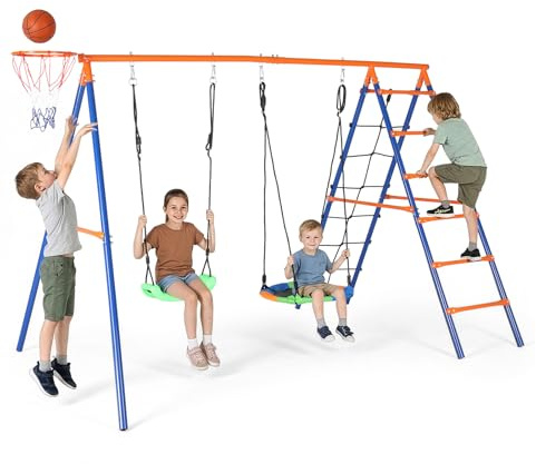 LEADZM Balancoire Exterieur avec Structure d'escalade, Panier de Basket