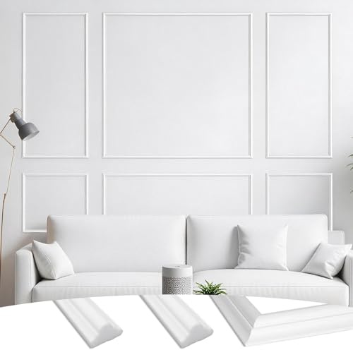 Lot de 34 moulures murales prédécoupées (avec colle), 6 cadres en stuc, revêtement mural, facile à installer, décoration murale à faire soi-même, panneaux Wainscoting