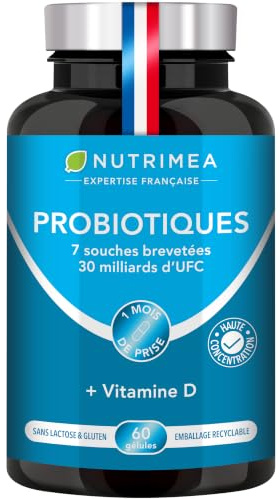 Probiotiques | 30 Milliards d’UFC | Avec Vitamine D | Complexe de 7 Souches Brevetées de Ferments Lactiques | 60 Gélules Vegan | Nutrimea | Fabriqué en France