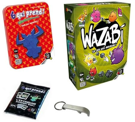Spiele-Set: 6 Qui Prise + Erweiterung Vachement Bien + Wazabi + 1 Flaschenöffner Blumie