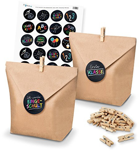 itenga SET Geschenktüten Schulanfang (Motiv 88) 24 x Tüten + Klammern + Stickerbogen